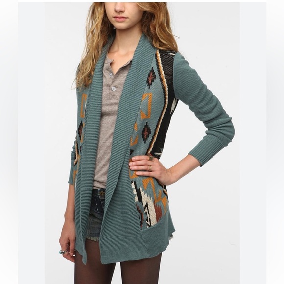 Ecoté Urban Outfitters Blue Intarsia Patterned Shawl Cardigan - Size M - Picture 3 of 12